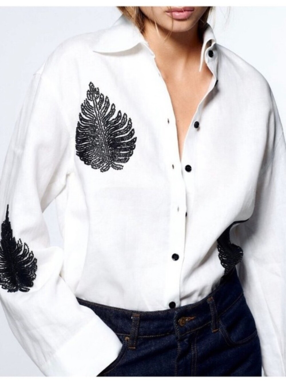 Zara White Linen Beaded Button Down Shirt Size Small Oversized